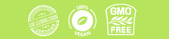ISO 22000, 100% vegan, GMO free